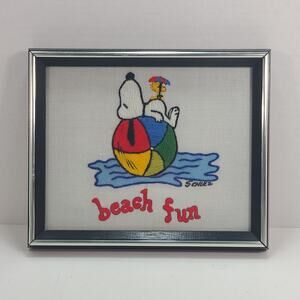 Framed Completed Malina Snoopy Beach Fun Crewel Stitchery Rainbow 11x9"